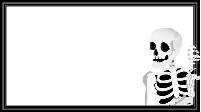 Skeleton bone anatomy cartoon illustration frame black white medical spooky Halloween educational background empty copy space border human rib skull arm hand health science drawing graphic