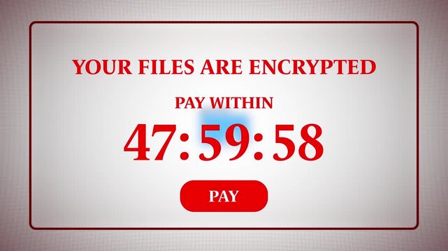 Ransomware attack countdown timer demanding payment, files encrypted by hackers, cyber extortion alert