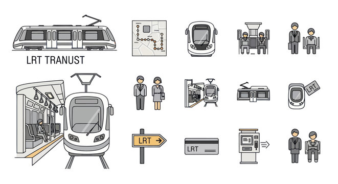 Light rail transit train and station icons collection.
