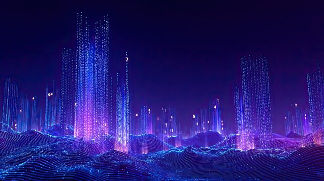 Blue purple data stream digital wave tech backdrop, big data blockchain internet business fintech digital poster design base