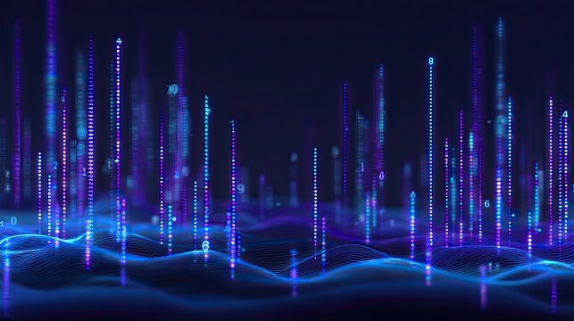 Blue purple data stream digital wave tech backdrop, big data blockchain internet business fintech digital poster design base