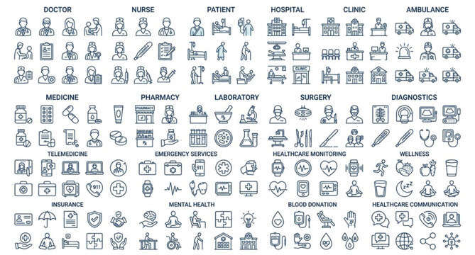 Complete healthcare and medical outline icon mega collection with hospital doctor and wellness symbols