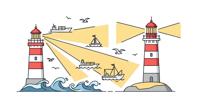 Nautical illustration of lighthouses guiding ships at sea.