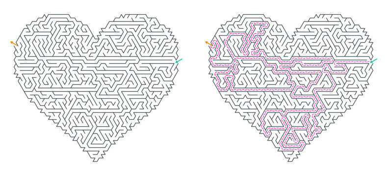 Detailed Heart Maze Puzzle With Answer Key For Love Themed Worksheet