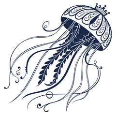 Decorative jellyfish with ornate crown pattern illustration jellyfish creature decorative illustration underwater tentacles stylized swimming © Ar
