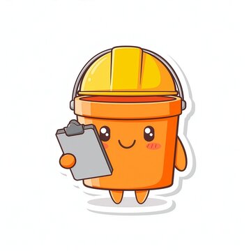 Smart 3D Orange Construction Bucket Character Mascot Holding Grey Inspection Clipboard Illustration