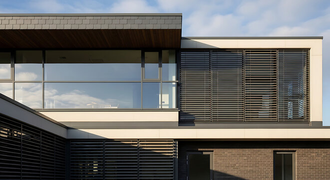 Modern architectural facade featuring slate cladding, a protective structural canopy, clerestory windows, and external venetian blinds integrated into a contemporary building exterior.
