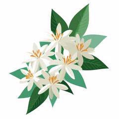 Fototapeta premium Beautiful illustration of orange blossom flowers with green leaves.