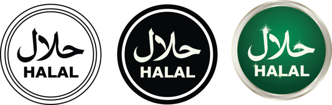 Halal certified label vector set .Islamic Halal product emblem ,halal sign, halal logo and tag .three different versions Arabic food seal
