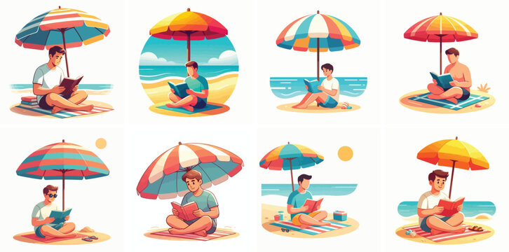 Vector of a man reading a book under a beach umbrella. Summer theme. Vector, illustration, minimalist, flat