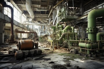 Fototapeta premium Derelict industrial scene with decaying machinery, pipes, and moss growing on the floor, illustrating urban decay and industrial decline