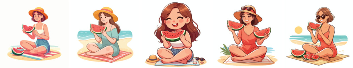 Vector of a woman sitting enjoying a fresh slice of watermelon on the beach. Summer theme. Vector, illustration, minimalist, flat
