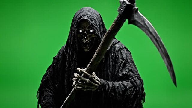 Grim Reaper Character Holding a Scythe Isolated on Green Screen
