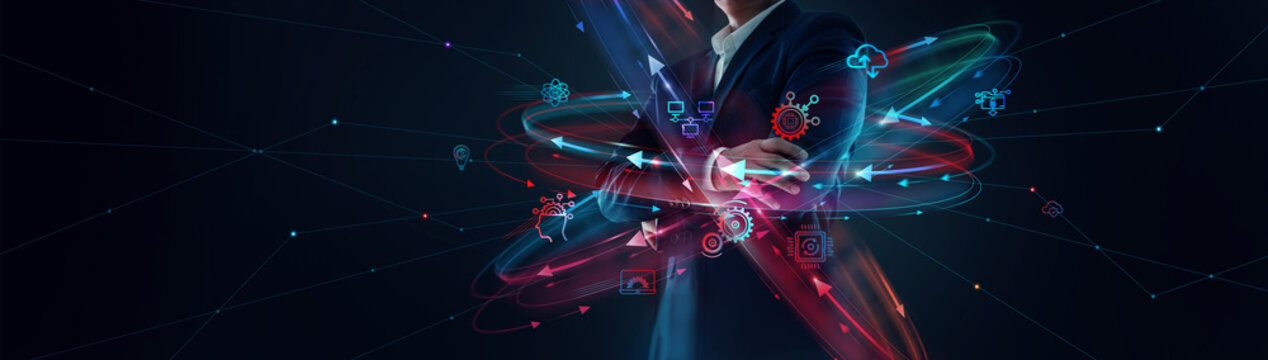 Abstract data network with colorful digital arrows with icons swirling around a businessman symbolic the evolution of data and technology growth, high-speed business data transfer on internet speed.