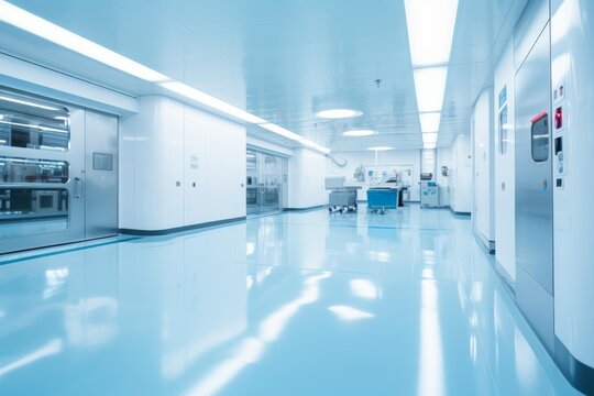 Empty pharmaceutical factory corridor reflecting lights with machinery, creating a sterile and modern atmosphere