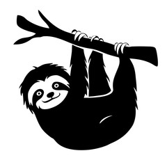 Fototapeta premium Cute baby sloth hanging from branch with friendly smile. Small baby sloth clings to sturdy tree branch, black silhouette graphic for playful designs. Sweet baby sloth image for children books.