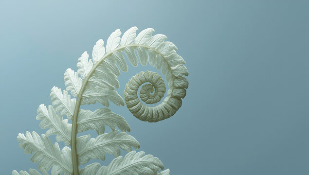 Close-up of a silver fern frond unfurling against blue background with plant life unfurling botanical minimalist background greenery evergreen development scrolling symmetry close-up