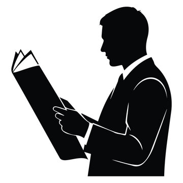 Businessman profile silhouette reading newspaper or large document for news and information.