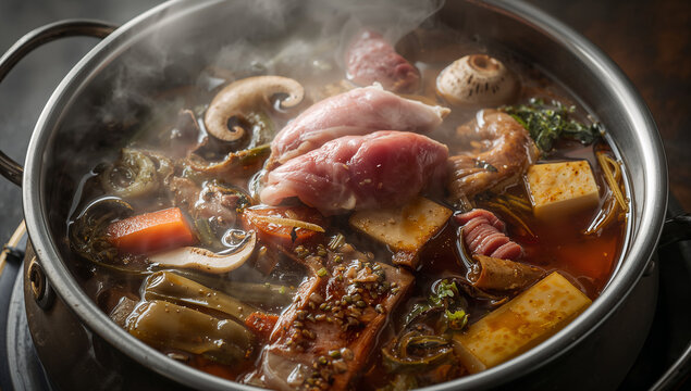 Steaming hot spicy japanese nabe hot pot with meat and vegetables cooking pot comfort food japanese steaming vegetables delicious traditional gastronomy ingredients mushrooms homemade