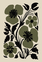 Olive green floral art nouveau illustration with black accents on cream background. © Halima