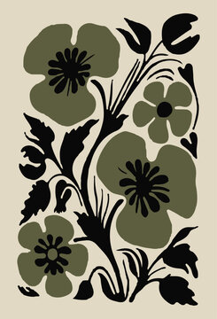 Olive green floral art nouveau illustration with black accents on cream background.
