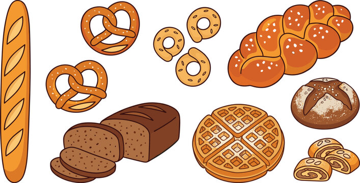 Fresh Bakery Products and Bread Vector Set, Cartoon Pastries and Loaves Elements Isolated on White Background