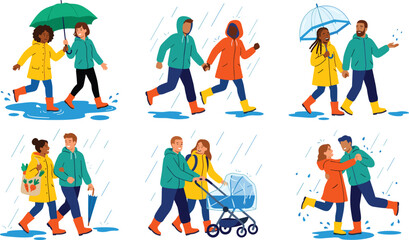 Naklejka premium Rainy Weather Vector Set with Diverse Couples Walking Under Umbrellas Wearing Raincoats Puddle Jumping and Pushing Stroller in Autumn Shower