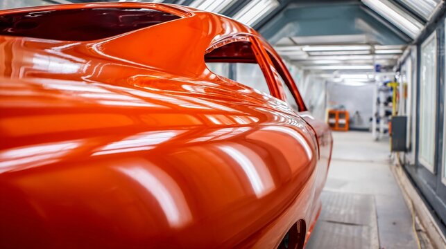 A vibrant, glossy orange automotive body panel with reflections in a manufacturing setting