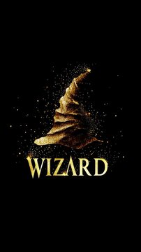 Golden wizard text with magical wizard hat and sparkling golden particles on an empty black background, vertical fantasy video featuring enchanting glowing effects