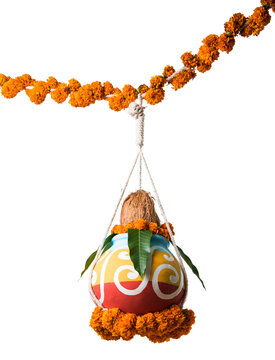 photograph of traditional dahi handi or Matka (earthen pot) tied up high on gokulashtami festival which is Lord Shri Krishna's birth day