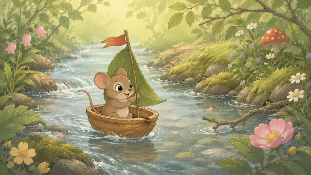 Brave little field mouse sailing down a gentle sparkling stream in a walnut-shell boat with a green leaf sail and tiny red flag, adventurous storybook illustration for kids.