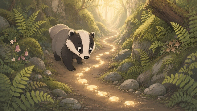 Curious striped badger following a winding trail of warm glowing pebbles through a rocky gully lined with green ferns, mysterious and magical storybook illustration.