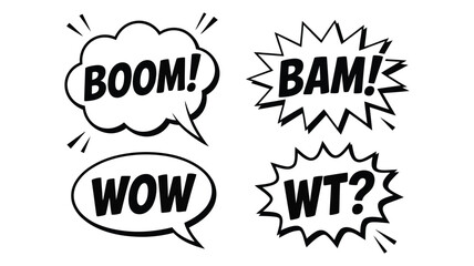 Comic Book Speech Bubbles Set with Boom Bam Wow and WTF Text Effects, Vintage Comic Style Illustration. © Mizu Ahmed 3