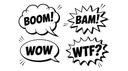 Comic Book Speech Bubble Collection Featuring Boom Bam Wow and WTF Expressions for Pop Art and Cartoon Designs. © Mizu Ahmed 3