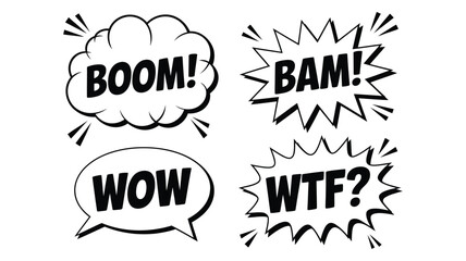 Comic Book Speech Bubbles with Boom Bam Wow and WTF Text Expressions, Retro Pop Art Design Elements. © Mizu Ahmed 3