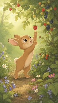 Sweet brown bunny standing tall on its hind legs stretching up to reach a ripe red raspberry hanging in a leafy thicket with wildflowers, gentle storybook illustration.