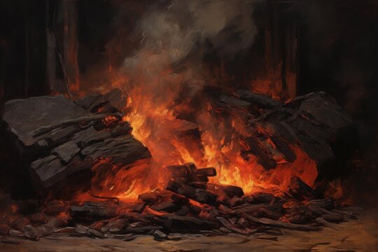 Large pieces of coal burning intensely, producing bright orange flames and thick smoke in an industrial environment