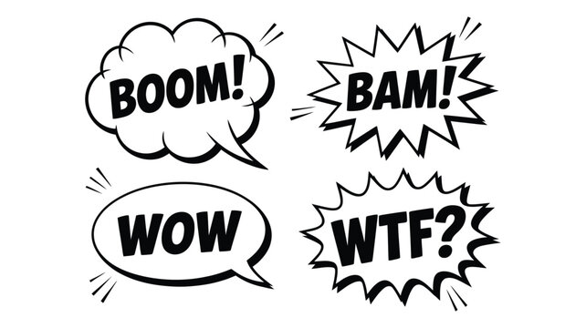 Comic Book Speech Bubble Collection Featuring Boom Bam Wow and WTF Expressions for Pop Art and Cartoon Designs.