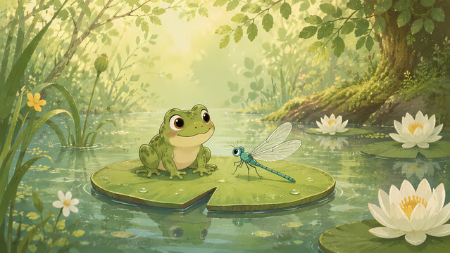 Smiling green frog and a blue dragonfly resting side by side on a lily pad in a still pond with white water lilies, soft watercolor storybook illustration for children.