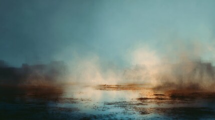 Fototapeta premium Misty sunrise over a tranquil lake with soft blue and orange hues blending in the atmospheric landscape. Gentle fog drifts above the calm water, creating a serene and dreamy mood