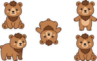 Cute Cartoon Bear Cub Character Set, Funny Teddy Bear Mascot Poses Vector Illustrations Isolated on White Background © Kuddus