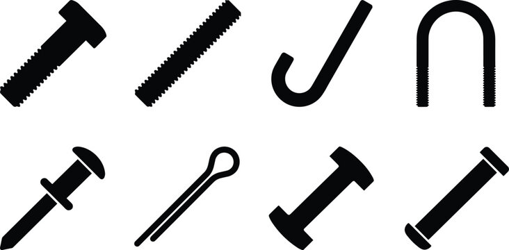 Industrial Fasteners and Hardware Components Silhouette Set with Bolts Hooks Pins and U Bolt
