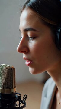 Young woman with headphones speaking into a vintage microphone in a studio setting