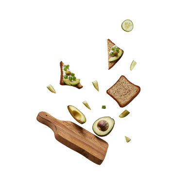 Levitating avocado toast, fresh ingredients, and a wooden cutting board