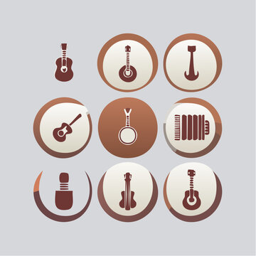 Circular brown stringed instrument and accordion icons.