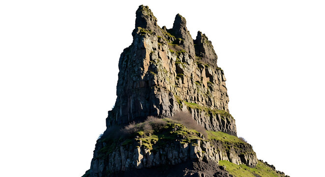 Isolated rugged stone rock cliff formation with jagged texture and steep mountain precipice on clear white background for creative design compositing and geological nature element.