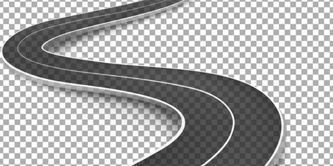 Top down view of a curved section of asphalt road with white lane dividers extending into the distance, creating a sense of journey and transportation © aril