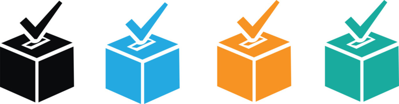 Colorful voting boxes with checkmarks on top for election and democracy concepts  various colored ballot boxes with ticks  voting and democracy icons