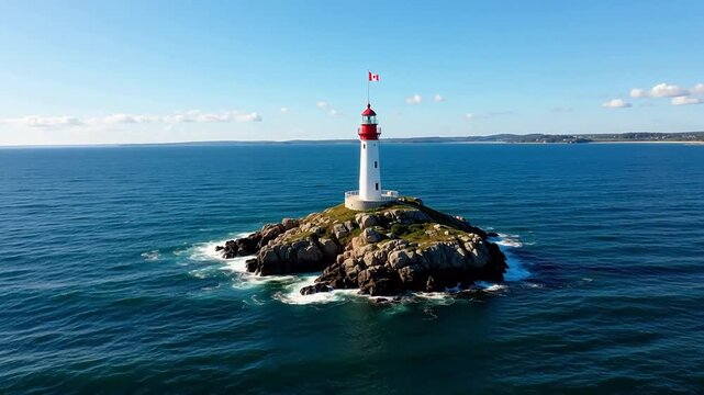Iconic lighthouse standing tall on a rocky island surrounded by the vast blue ocean