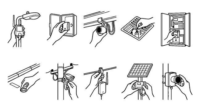 Set of line art icons showing security camera installation and solar panel setup process.